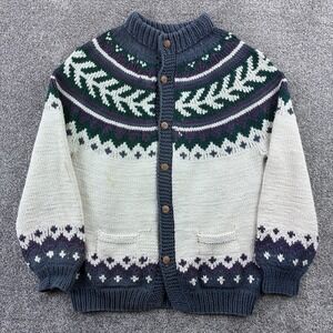 Vintage Purple Mountain Cardigan Sweater Women's XL Hand Cotton Fair Isle Knit